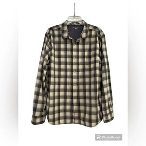 Horny Toad Button Up Shirt Mens XL Organic Cotton Beige Blue Plaid Chore